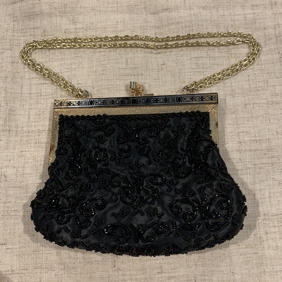 Handbags - Vintage Handmade Black Beaded Purse Clutch Antique Gold Clasp And Chain